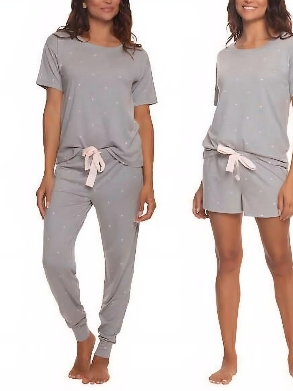 New Felina Women's 3 Pc Pajama Set Light Gray Pink Stars with Pink Ribbon Size M